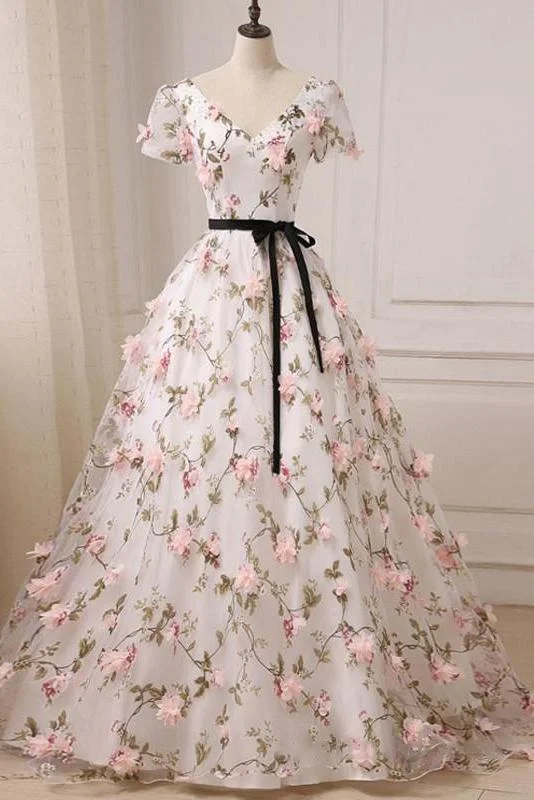 Act Fast Gorgeous V-neck 3D Floral Lace Ball Gown Long Prom Dresses
