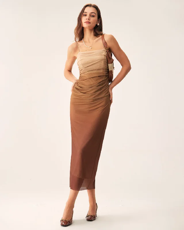 Midnight Madness Brown Ruched Mesh Slip Midi Dress