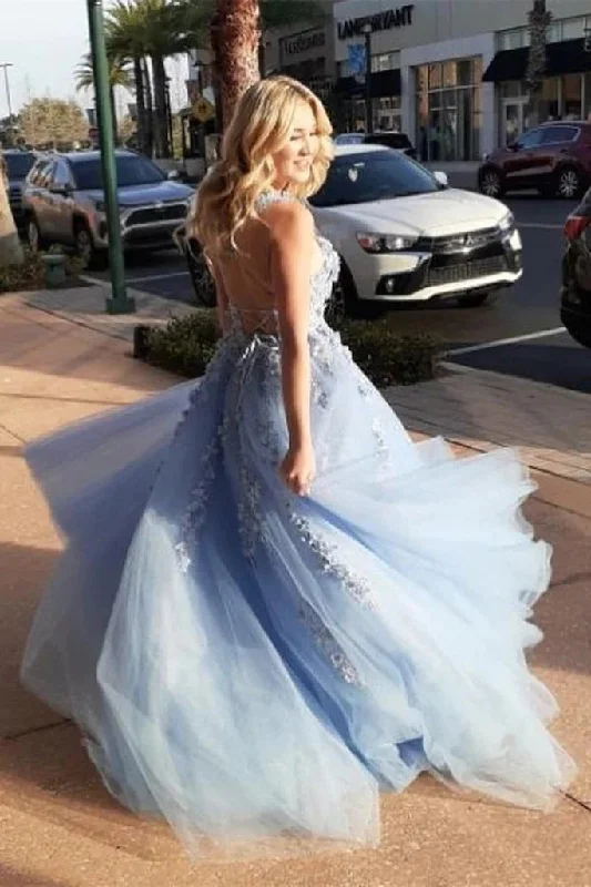 Season Finale Sale Sky Blue A Line Elegant Backless Floral Lace Long Prom Dresses