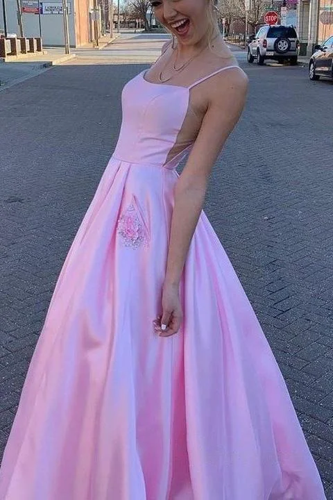 Deal Alert Simple Pink A-line Spaghetti Straps Satin Long Prom Dresses