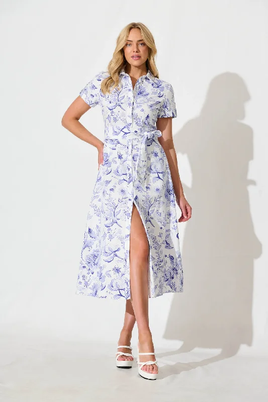 Discount Deals Delphi Midi Shirt Dress in White with Blue Floral Cotton