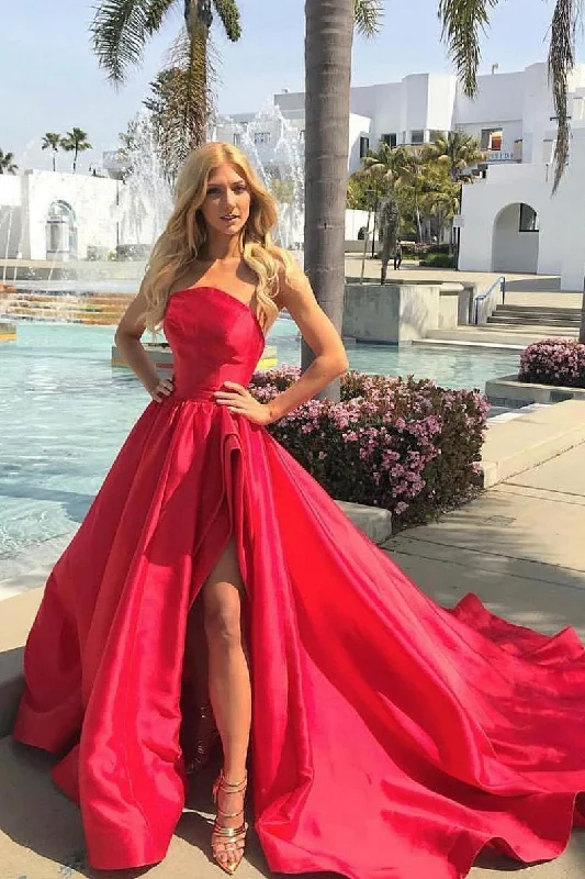 Exclusive Access Simple Red Sleeveless Satin Split Long Prom Dresses