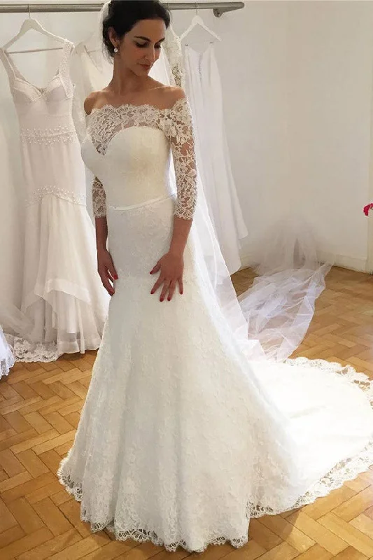 Seasonal Clearance Elegant Formal Trumpet Off The Shoulder Ivory Lace Wedding Dresses With Sleeves Seasonal Clearance Elegant Formal Trumpet Off The Shoulder Ivory Lace Wedding Dresses With Sleeves