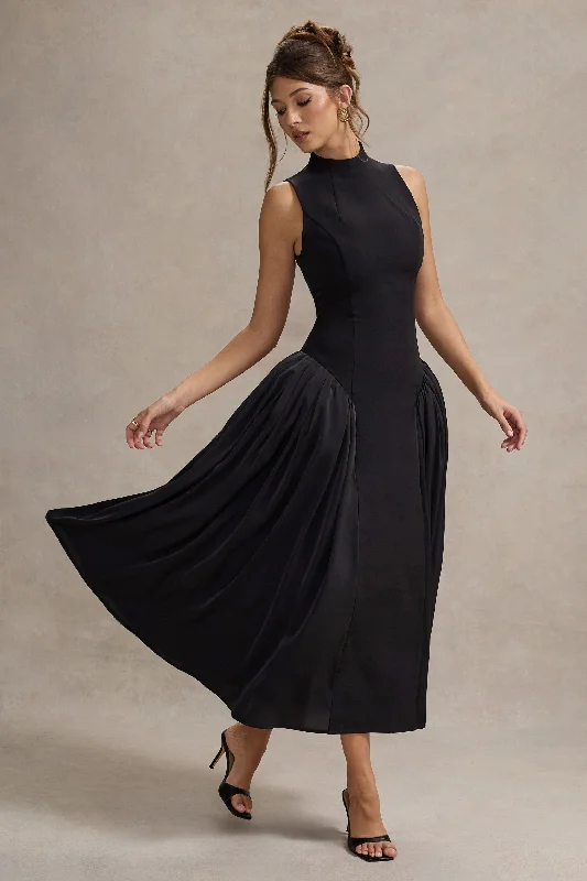 Price Meltdown Napoli | Black High-Neck Volume-Skirt Midi Dress