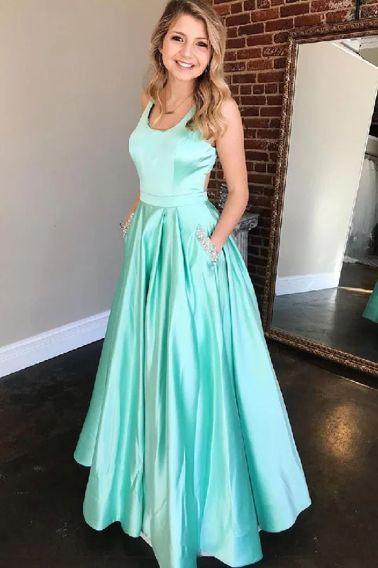 Massive Deals Simple Green Sleeveless Open Back Satin Long Evening Dresses