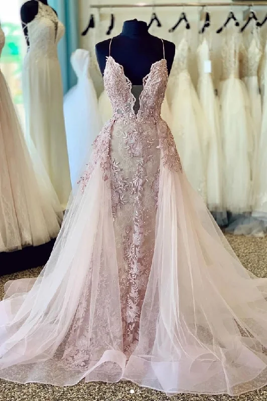 Price Break Sheath V-neck Lace Appliques Beaded Spaghetti Long Prom Dresses With Overskirt