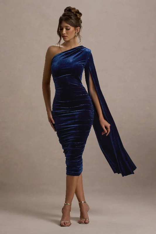 Best Bargains Gianna | Navy Velvet One Shoulder Cape Bodycon Midi Dress