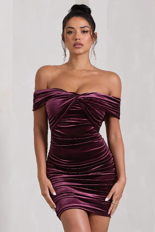 Exclusive Deal Appreciate | Port Velvet Twisted Bardot Ruched Mini Dress