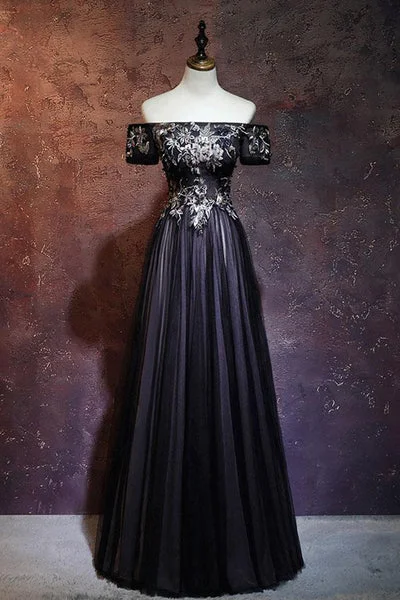While Supplies Last Beauty Off The Shoulder Floor Length Lace Up Long Black Prom Dresses With Appliques While Supplies Last Beauty Off The Shoulder Floor Length Lace Up Long Black Prom Dresses With Appliques
