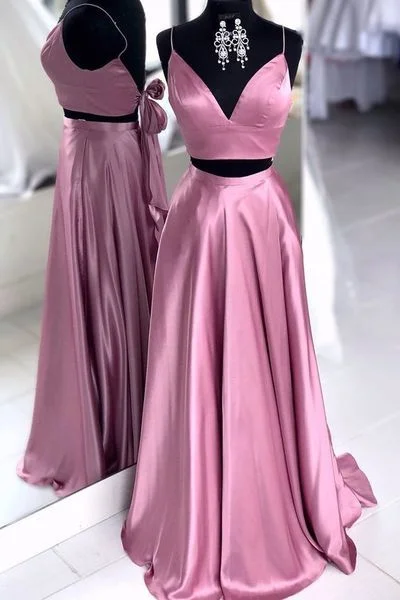 Best Seller Two Pieces Long Spaghetti Straps Backles Simple Style Prom Dresses