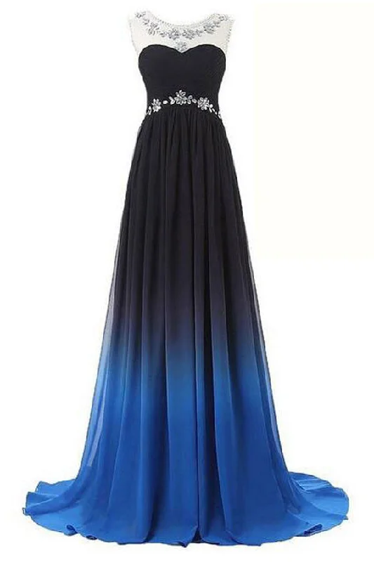 Exclusive Preview Ombre A Line Brush Train Sheer Neck Sleeveless Open Back Beading Prom Dresses Exclusive Preview Ombre A Line Brush Train Sheer Neck Sleeveless Open Back Beading Prom Dresses