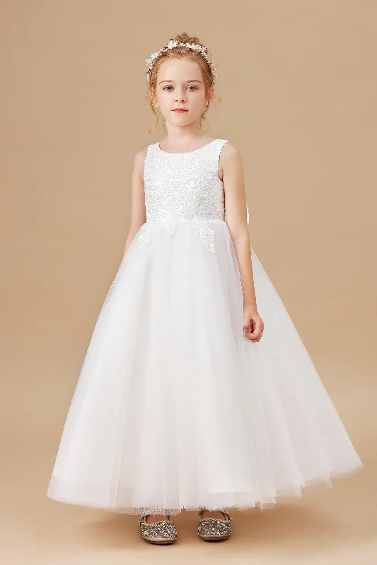 Steals and Deals Lovely Sleeveless Applique Tulle Flower Girl Dresses With Bownot