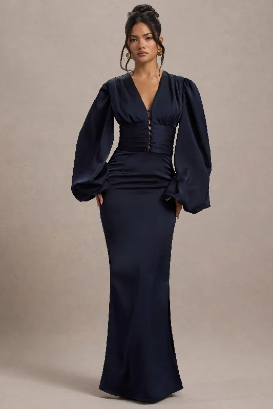 Hurry In Helsinki | Navy Satin V-Neck Balloon Sleeve Maxi Dress