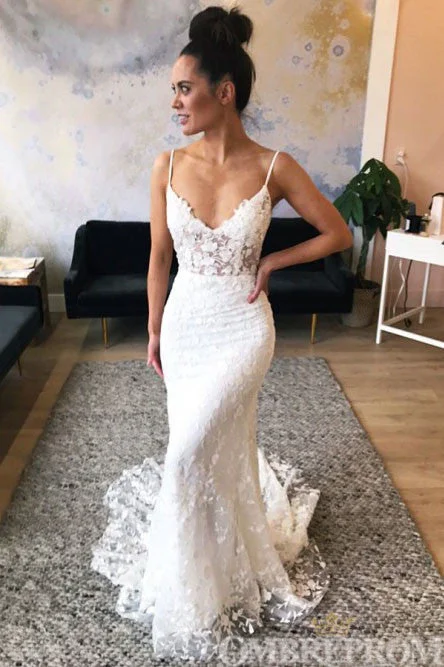 Hurry In Spaghetti Straps V Neck Mermaid Wedding Dresses Lace Bridal Gown