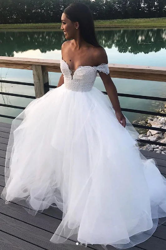 Amazing Deals A-line Tulle White Long Prom Dresses, Off-Shoulder Wedding Dresses