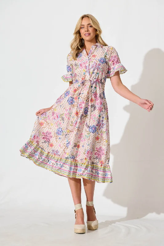 Quick Sale Aiken Midi Dress in Multi Floral Cotton