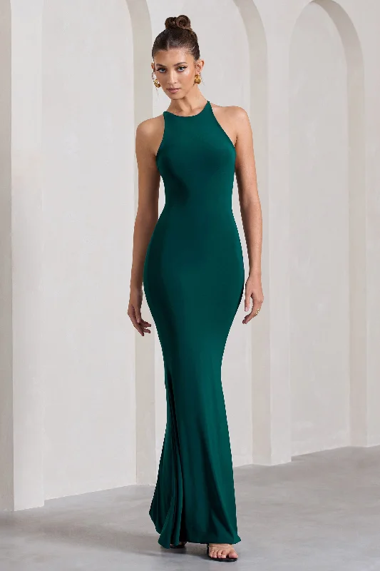 Price Rollback Brianna | Bottle Green Sleeveless Halter-Neck Open-Back Maxi Dress