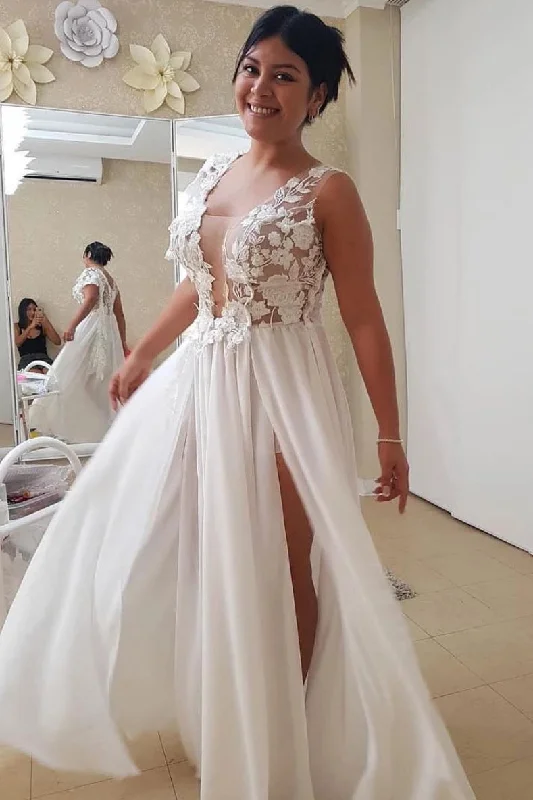 Price Meltdown A-line Chiffon Long Prom Dresses With Appliques, Beach Wedding Dresses With Split Price Meltdown A-line Chiffon Long Prom Dresses With Appliques, Beach Wedding Dresses With Split