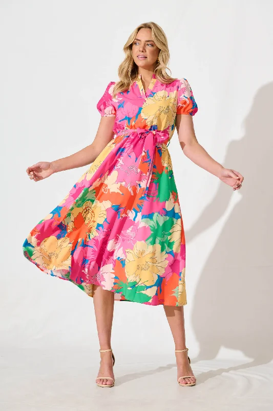 Customer Appreciation Sale Cariella Midi Dress in Multi and Pink Floral