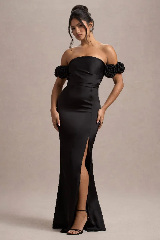 Today’s Special Senseless | Black Satin Floral Bardot Maxi Dress
