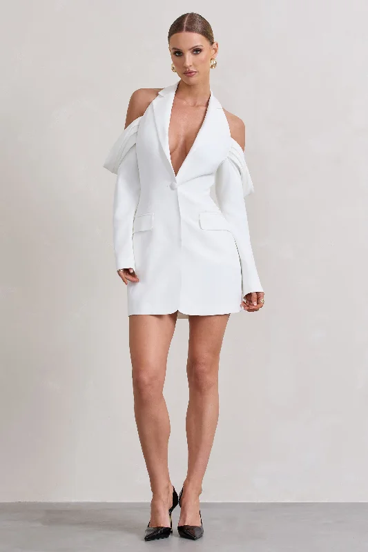 Extra Savings Your Night | White Plunge Draped Blazer Dress