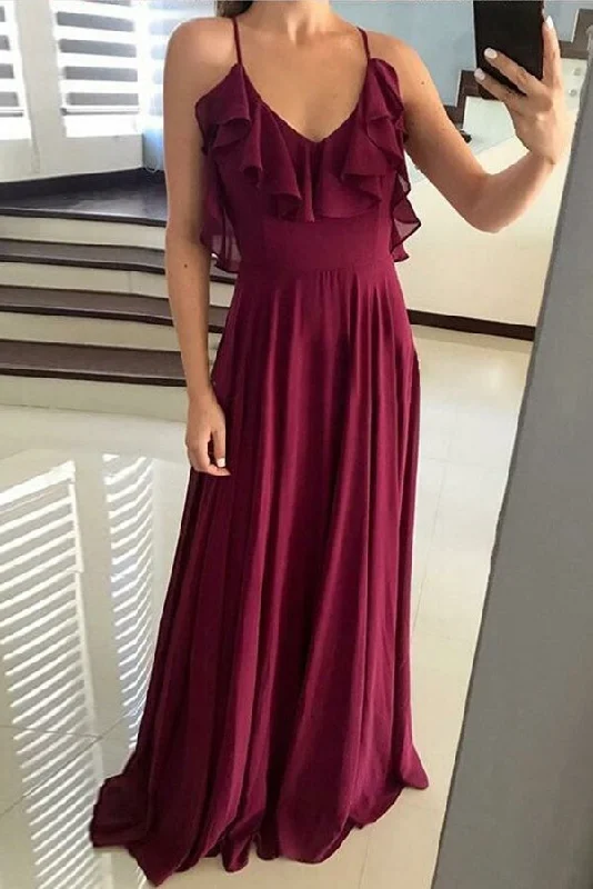 Clearance Items Pretty Spaghetti Straps Burgundy Chiffon Long Prom Dresses With Ruffles Bridesmiad Dresses