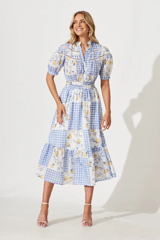Buy More, Save More Lynette Midi Dress In Blue Gingham Check With Lemon Patch Print