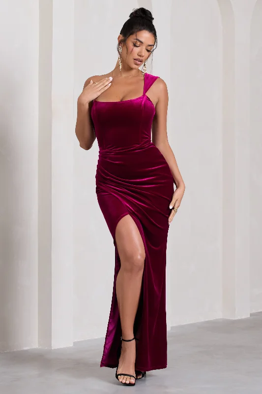 Best Seller Jessica | Berry Velvet One Shoulder Corset Style Wrap Maxi Dress