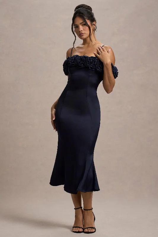 Limited Stock Petunia | Navy Satin Floral Bardot Midi Dress