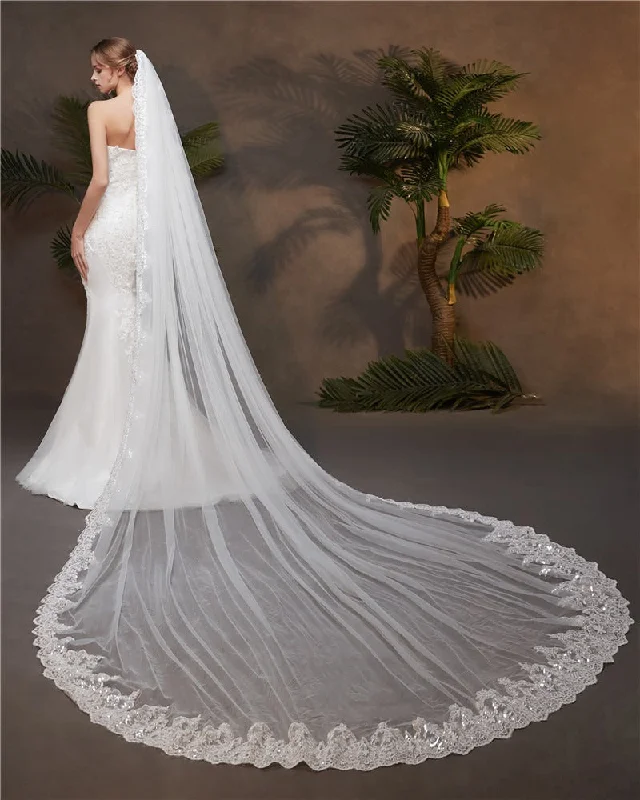Anniversary Sale Elegant Lace Edge Cathedral Tulle With Applique Wedding Veils