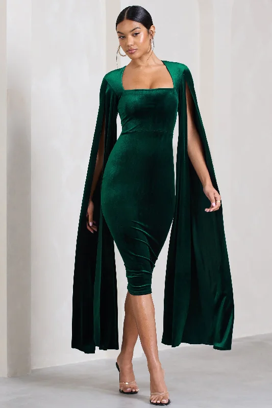 Markdown Madness Flawless | Bottle Green Velvet Square Neck Midi Dress With Cape Sleeves