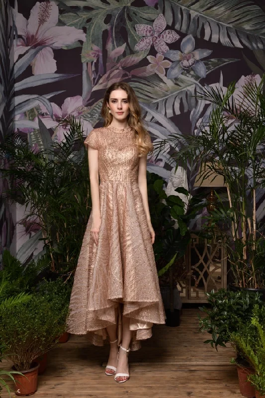Savings Galore Shiny Round Neck Cap Sleeves High Low Prom Dresses