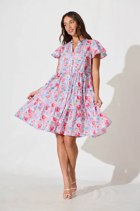 Stock Up and Save Sweet Pea Smock Dress in Pale Blue with Pink Floral Cotton