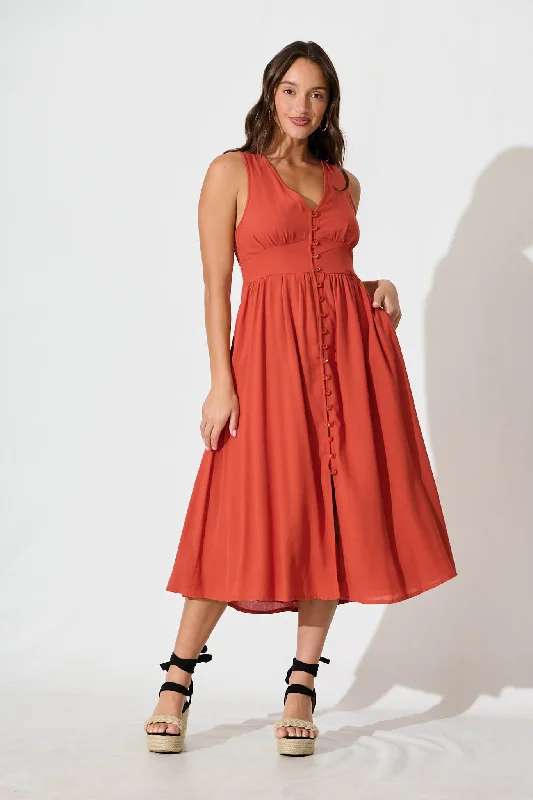 Deal Mania Ryland Midi Dress in Rust Linen Cotton
