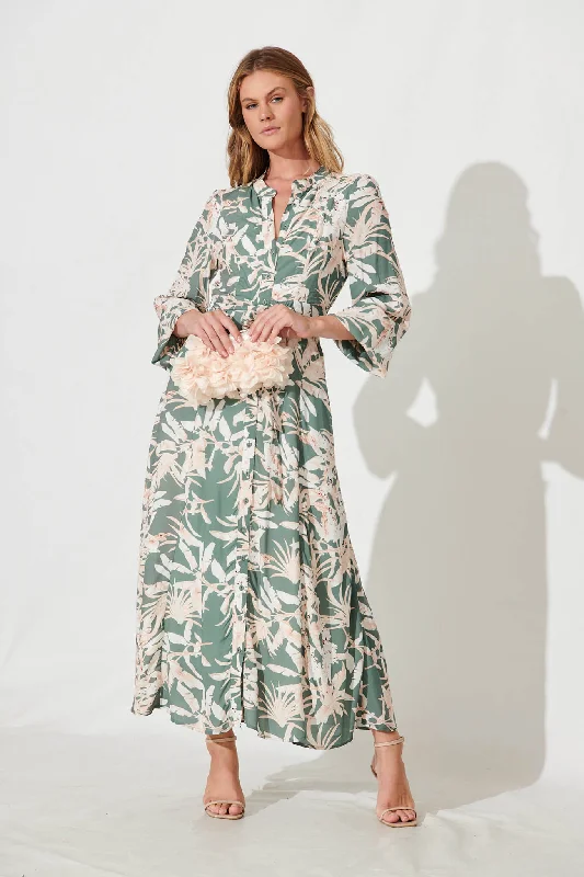 Midnight Sale Lorie Maxi Shirt Dress In Green With Cream Leaf Print