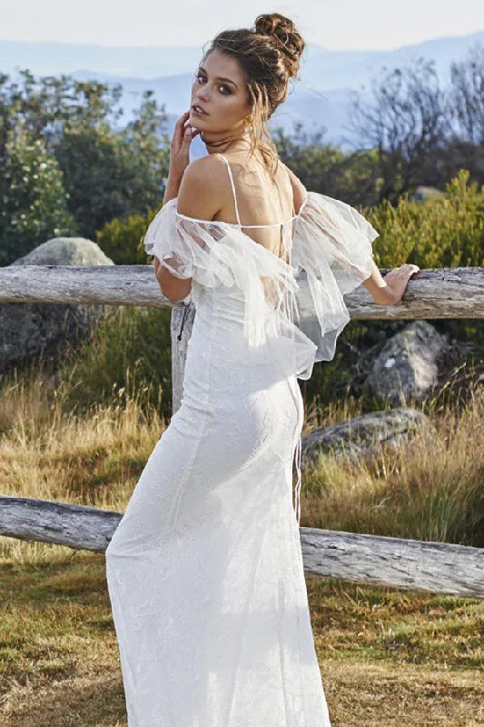 Price Break White Sheath Court Train Sleeveless Tulle Beach Wedding Dresses