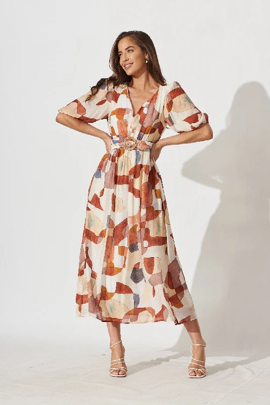 Huge Savings Dilly Midi Dress In Rust With Beige Print