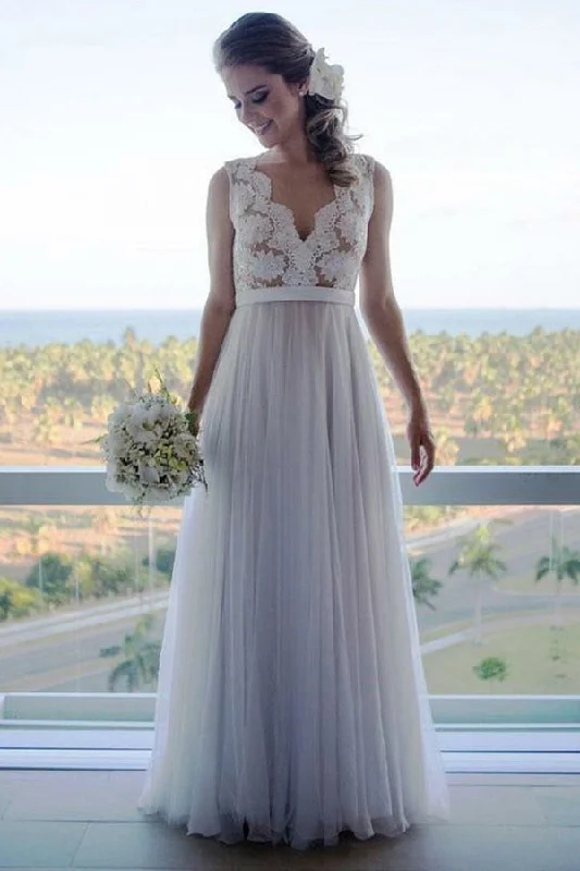 Final Clearance Elegant V Neck A Line Lace Wedding Dresses Long Bridal Gown