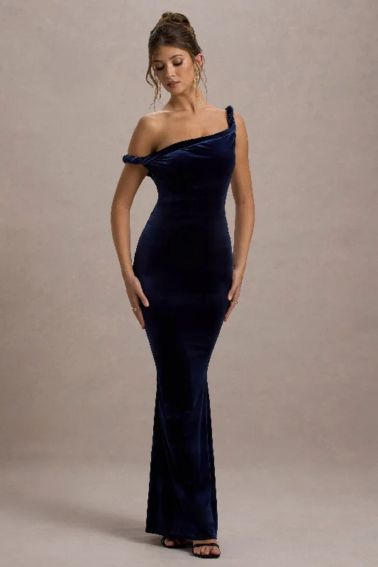 Price Cut Neeka | Navy Velvet Twisted Asymmetric Maxi Dress