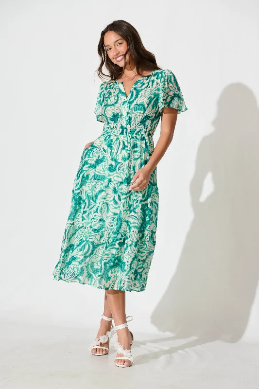 Major Savings Palm Springs Midi Dress in Green and White Print