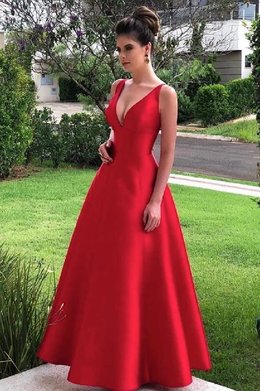 Steals and Deals Simple Red V Neck A Line Satin Long Prom Dresses