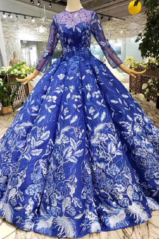 Huge Discounts Elegant Round Neck Ball Gown with Beading Blue Prom Dresses