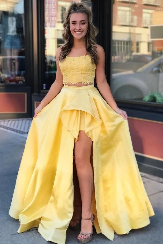 Bargain Prices Pretty Two Pieces Lace Satin Long Prom Dresses For Teens Yellow Party Dresses Bargain Prices Pretty Two Pieces Lace Satin Long Prom Dresses For Teens Yellow Party Dresses
