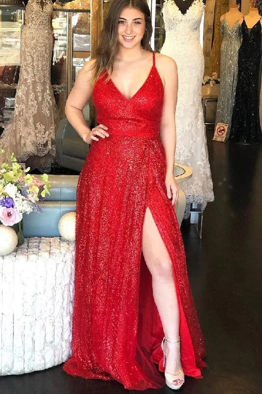 Today’s Deal Sparkly Sleeveless Floor Length Red Prom Dresses with Split