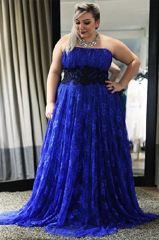 Act Fast A Line Brush Train Strapless Sleeveless Lace Plus Size Prom Dresses