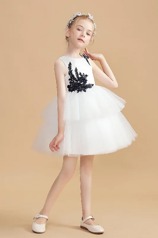 Incredible Offers Short Ivory Flower Girl Dresses With Black Appliques