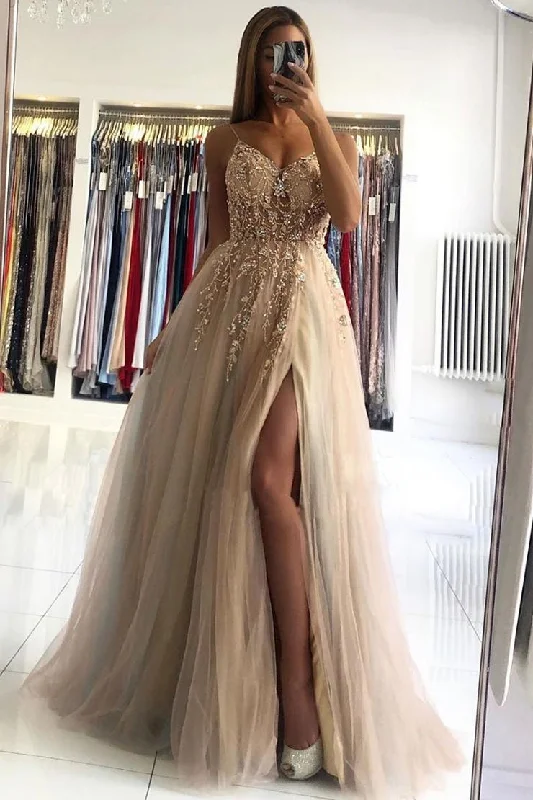 Quick Sale Champagne V Neck Lace Beads A Line Long Prom Dresses