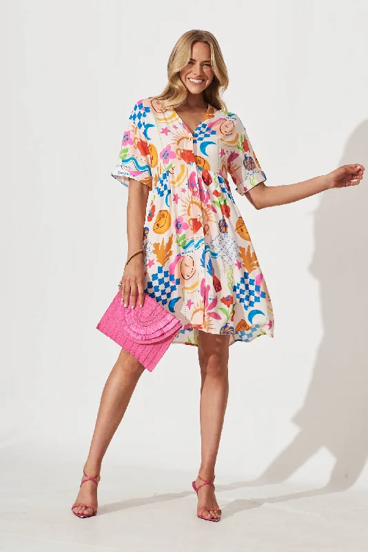 Deal Dash Holiday Smock Dress In Bright Multi Print