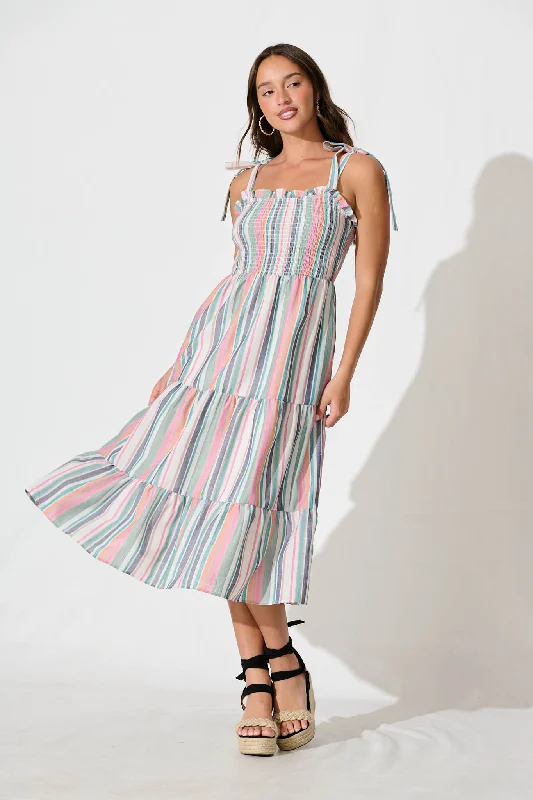 Deep Discounts Marabel Midi Sundress in Multi Stripe Cotton Blend