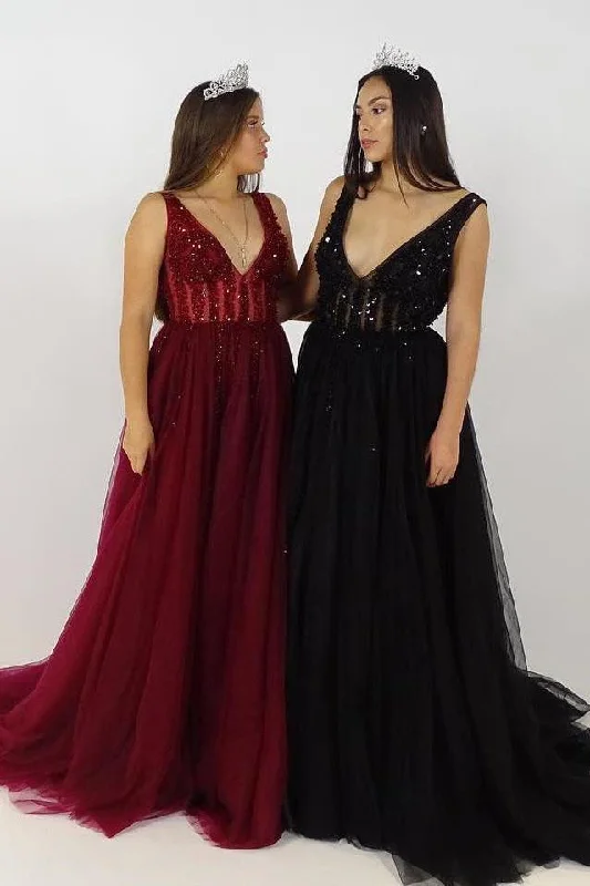 Markdown Madness Burgundy V Neck Tulle A-line Beaded Long Prom Dresses